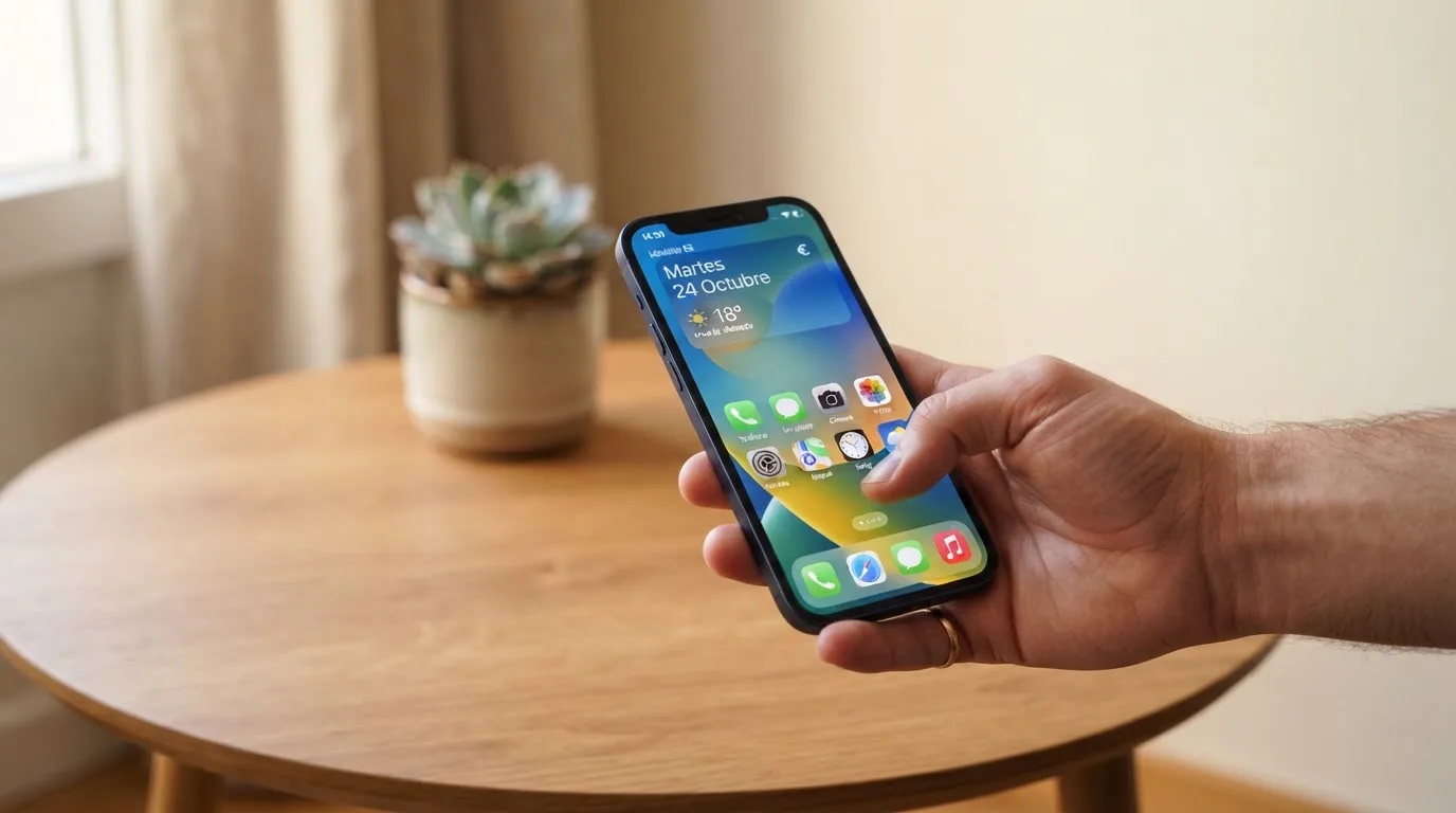 Mano sostiene un teléfono móvil mostrando una pantalla de inicio genérica sobre una mesa de café con una planta al fondo.