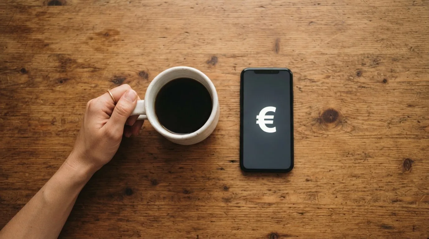 Manos sostienen una taza de café junto a un teléfono móvil sobre una mesa de madera con luz cálida de interior.