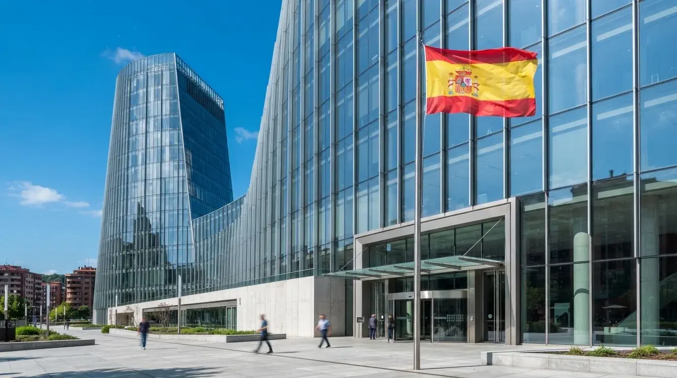 Edificio de oficinas con fachada de cristal y bandera española ondeando junto a la entrada, bajo un cielo despejado.