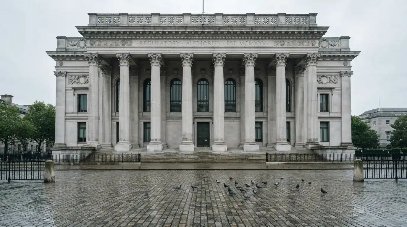 Fachada de un edificio institucional con grandes columnas y una plaza empedrada al frente, bajo un cielo nublado.