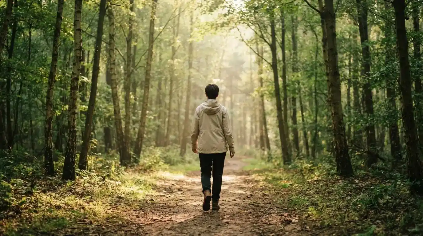 Persona caminando por un sendero arbolado durante una mañana soleada, en actitud relajada.