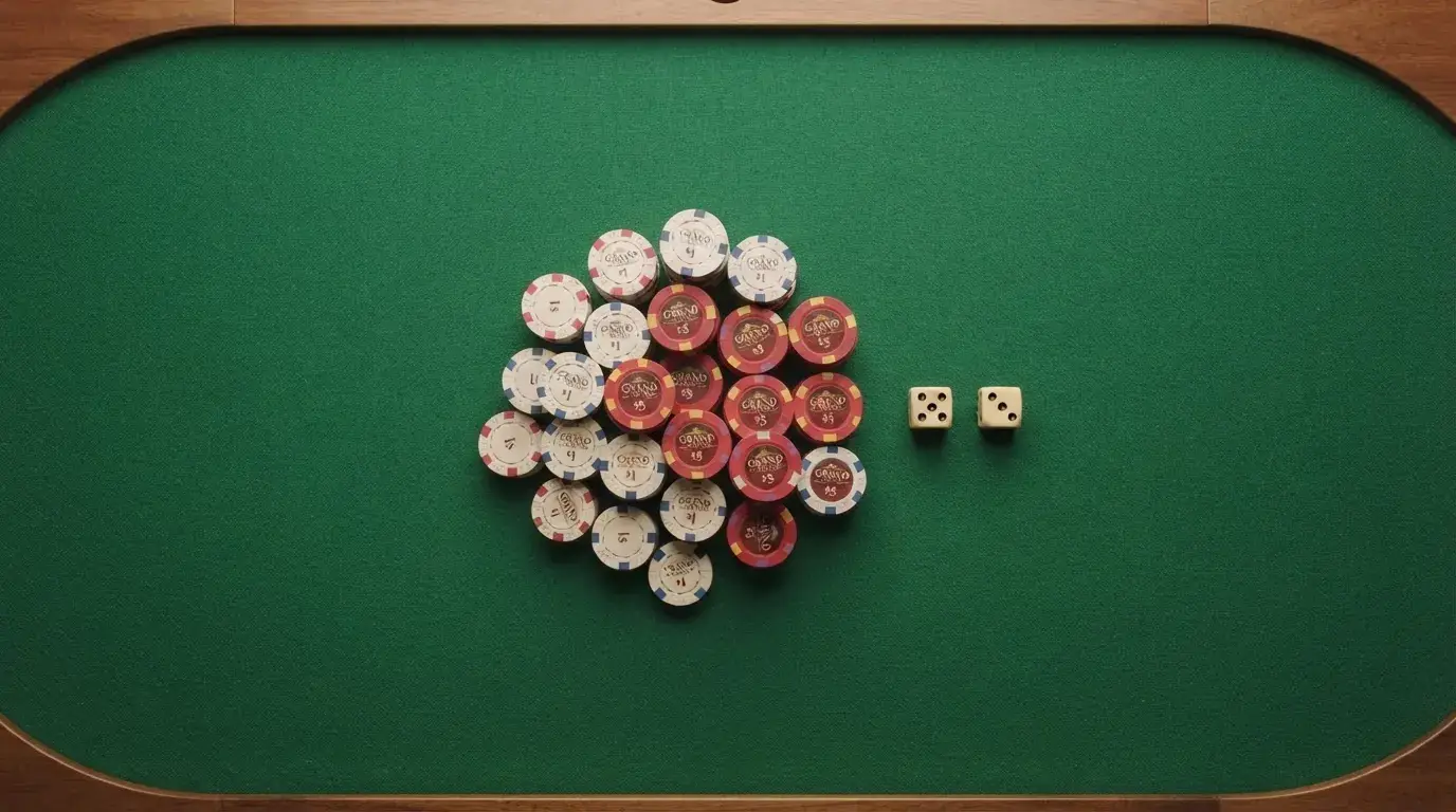 Vista cenital de fichas de casino y dados sobre una mesa de fieltro verde bajo luz suave.