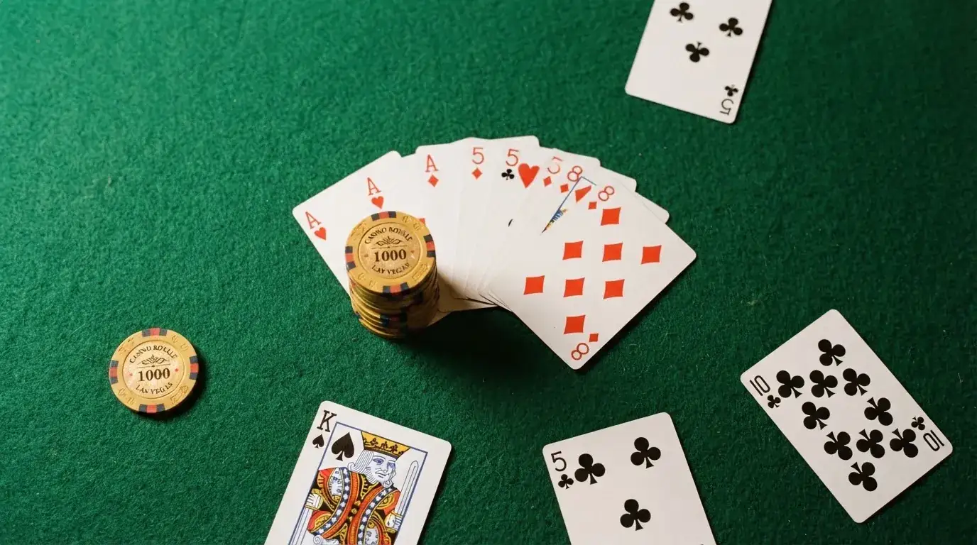 Vista cenital de fichas doradas y una baraja de cartas sobre una mesa de fieltro verde.
