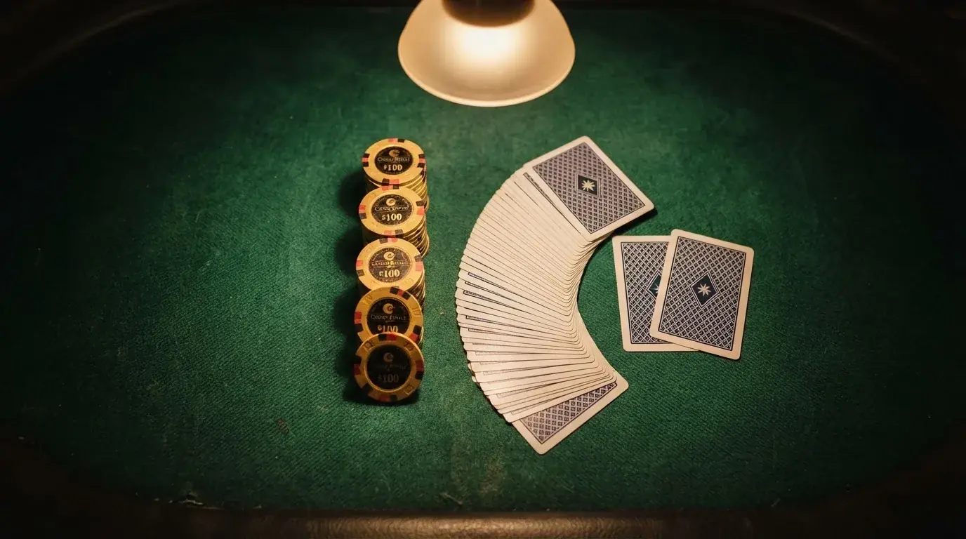 Vista cenital de fichas doradas y una baraja de cartas sobre una mesa de fieltro verde.