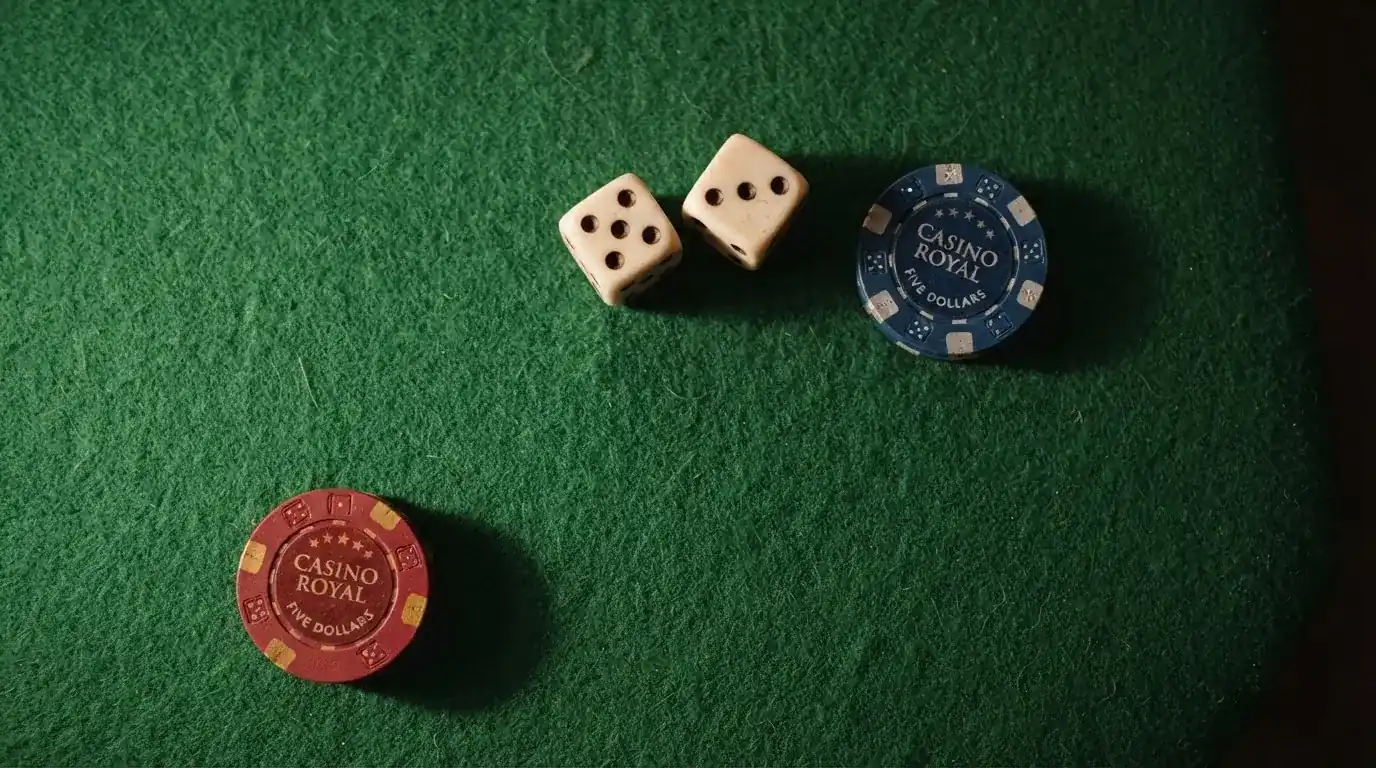 Vista cenital de fichas de casino y dados sobre una mesa de fieltro verde bajo luz suave.