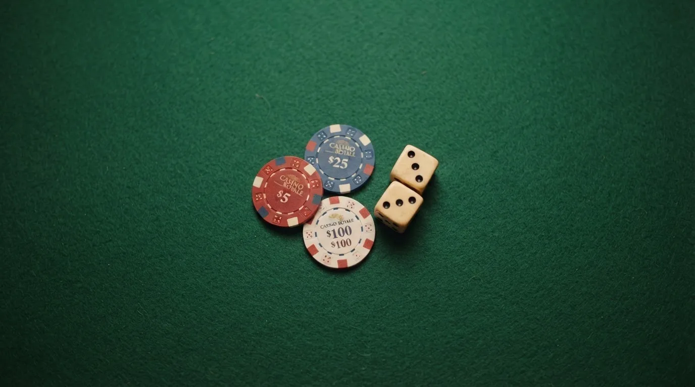 Vista cenital de fichas de casino y dados sobre una mesa de fieltro verde bajo luz suave.