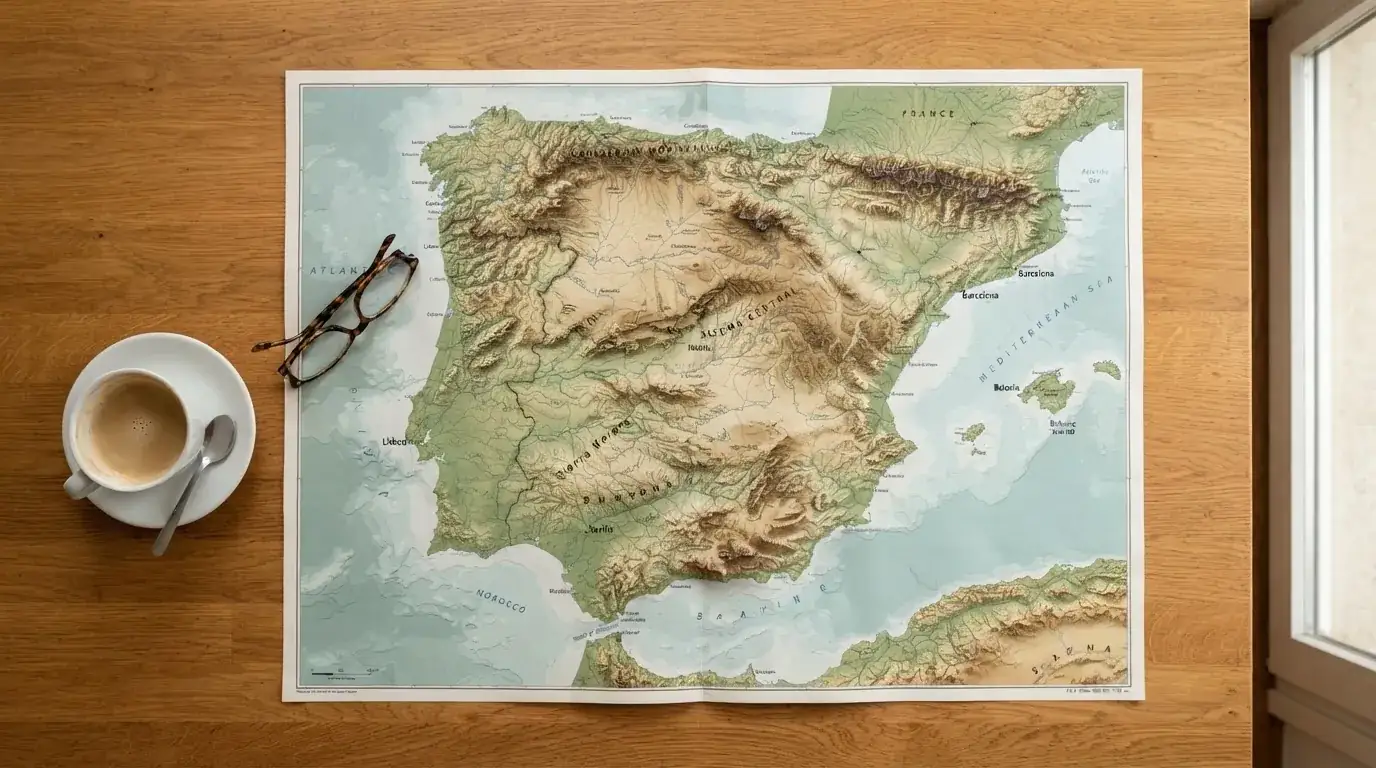 Un mapa físico de España sobre una mesa de madera junto a una taza de café y unas gafas, con luz natural entrando por una ventana.