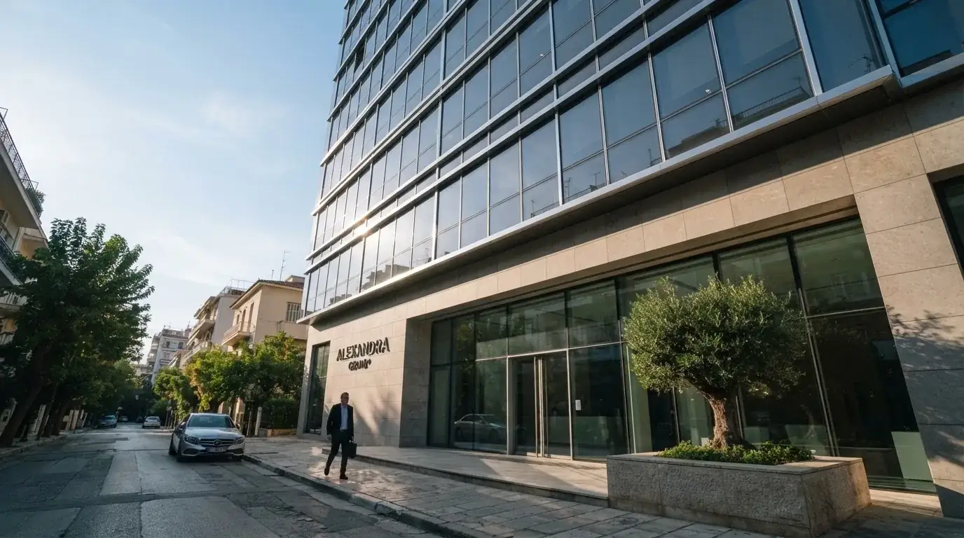 Un edificio de oficinas moderno con cristales reflectantes bajo un cielo despejado, visto desde una calle tranquila.