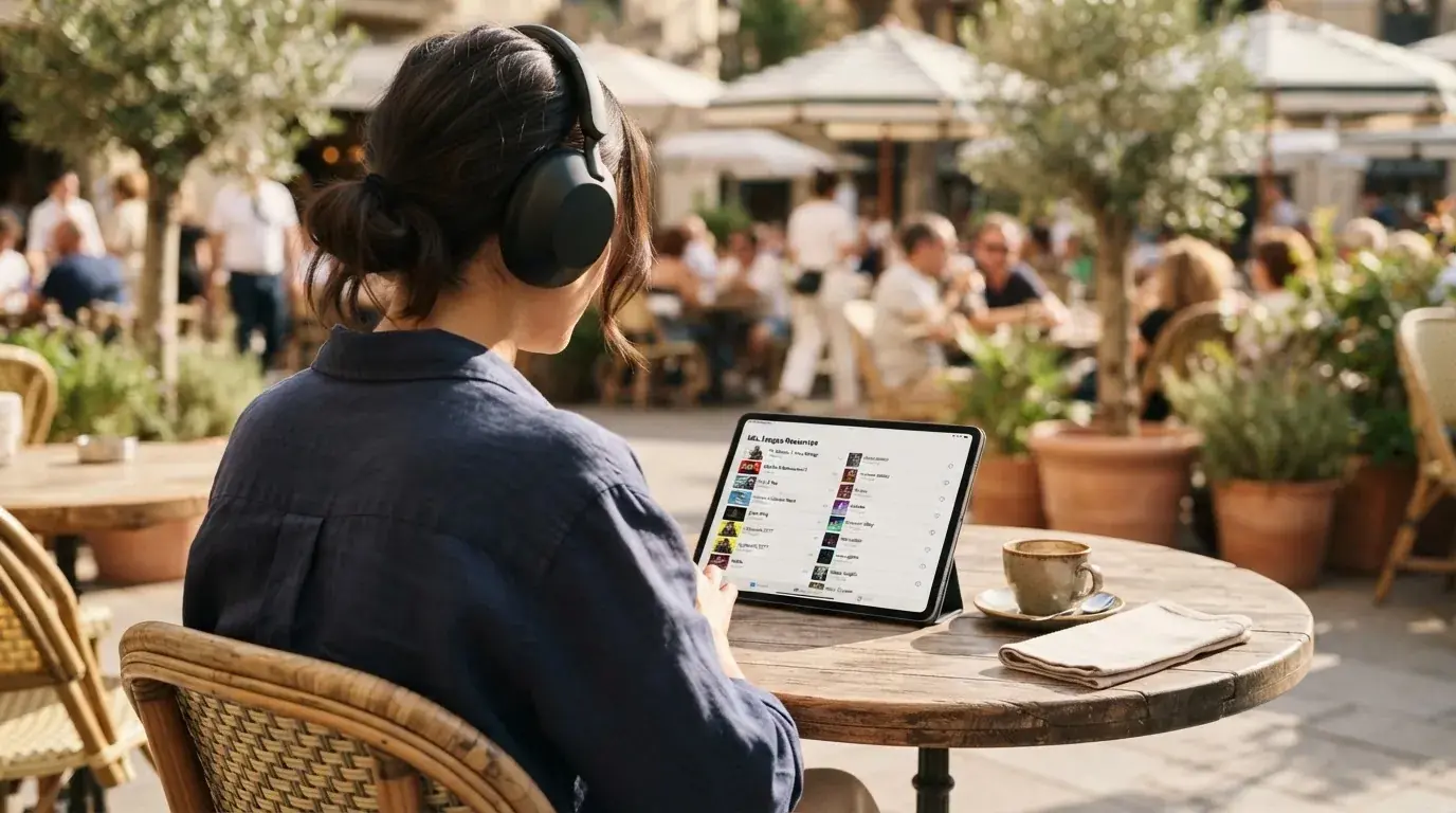 Una persona con auriculares revisa una lista en una tableta apoyada sobre una mesa de café en una terraza soleada.