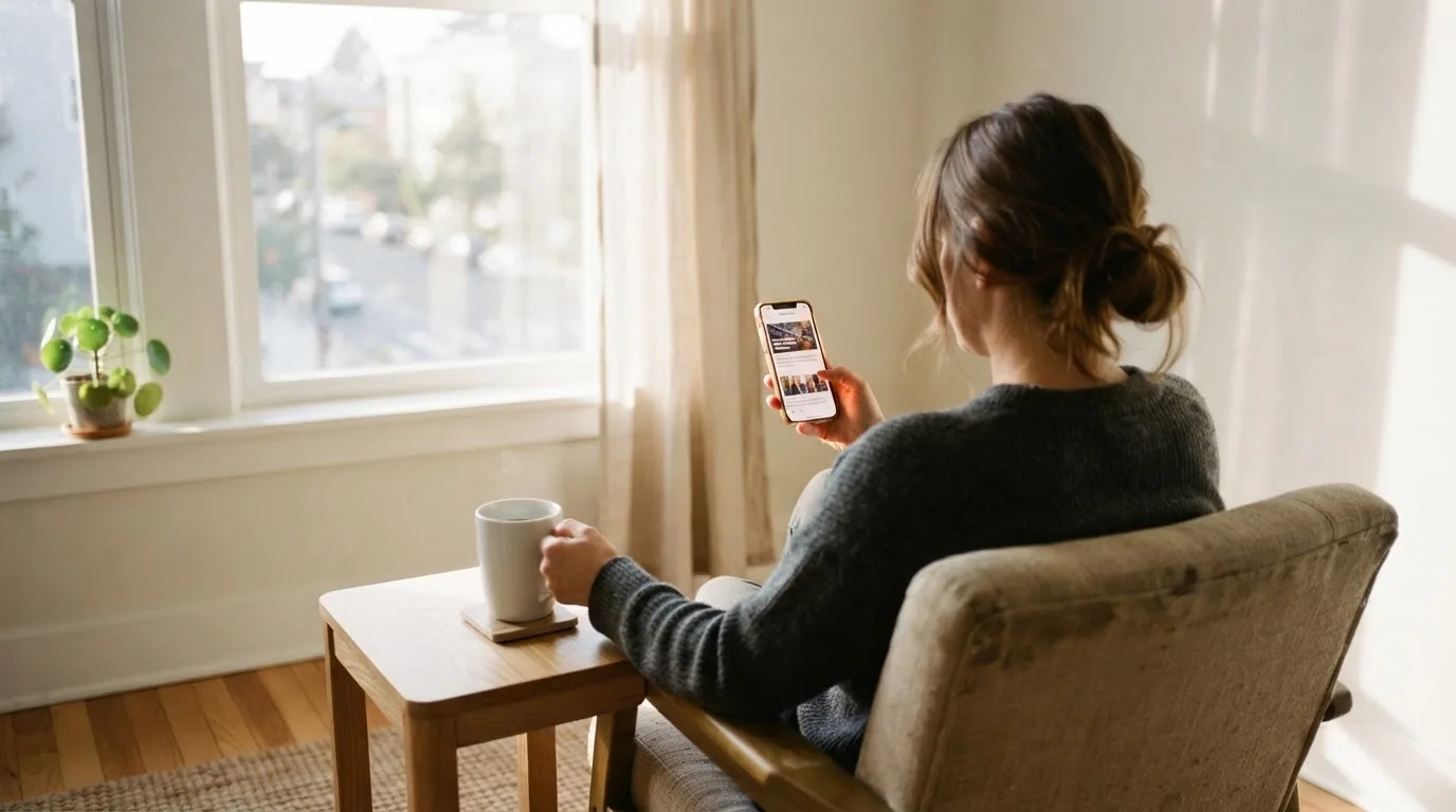 Una persona sostiene una taza de café mientras mira un teléfono móvil sentada junto a una ventana con luz de mañana.