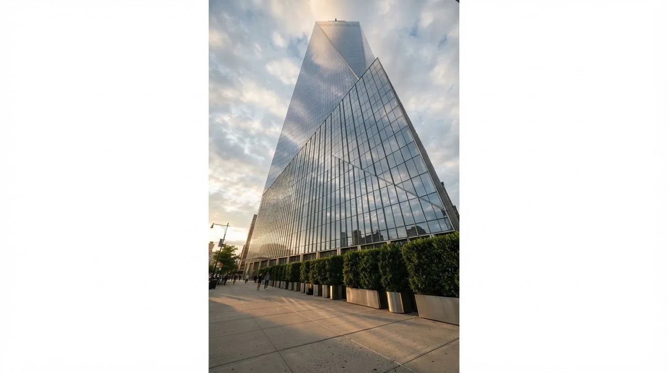 Un edificio de oficinas con fachada de cristal reflejando nubes, fotografiado desde una acera ancha por la tarde.