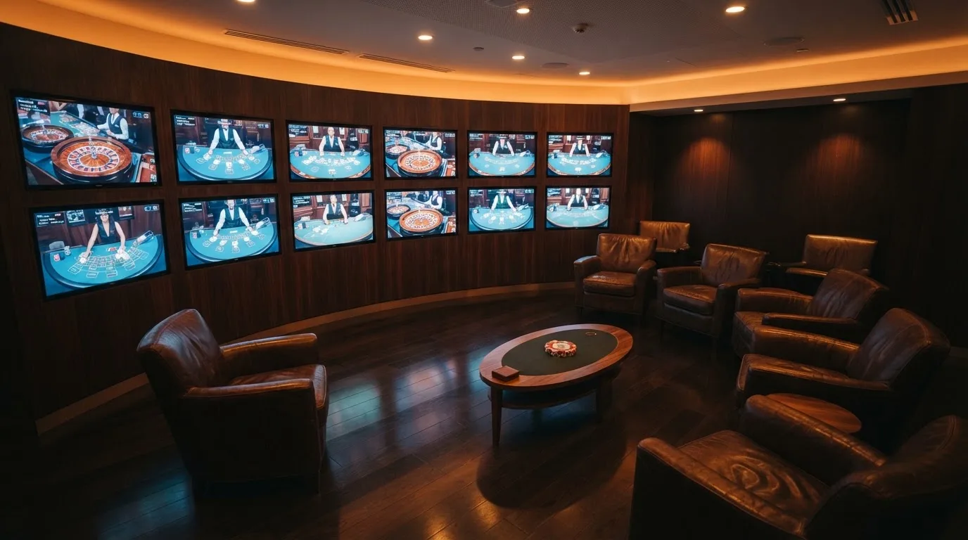 Fotografía de un salón de casino moderno con pantallas de transmisión en directo y sillones cómodos, ambiente cálido y profesional.