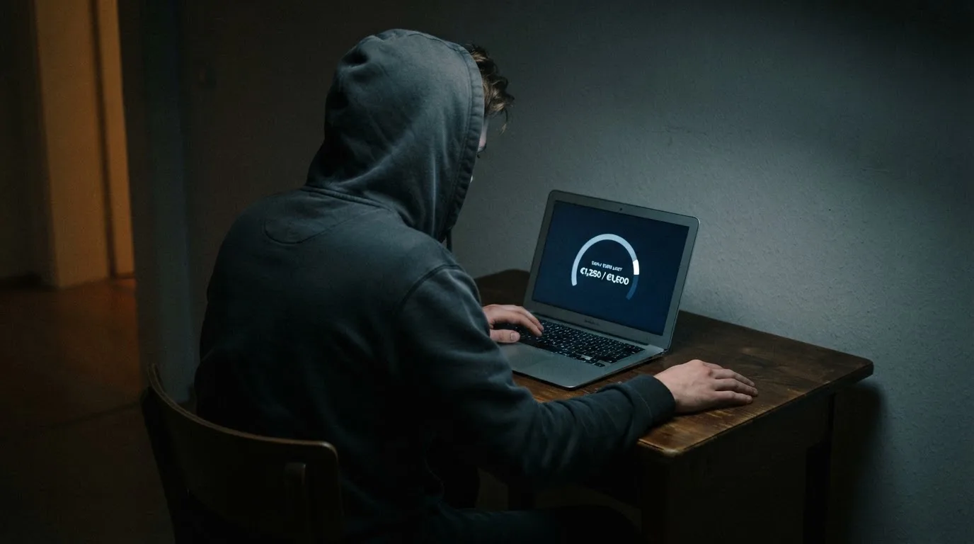 Fotografía de una persona con capucha usando un portátil en una habitación oscura, transmitiendo la idea de anonimato en línea.