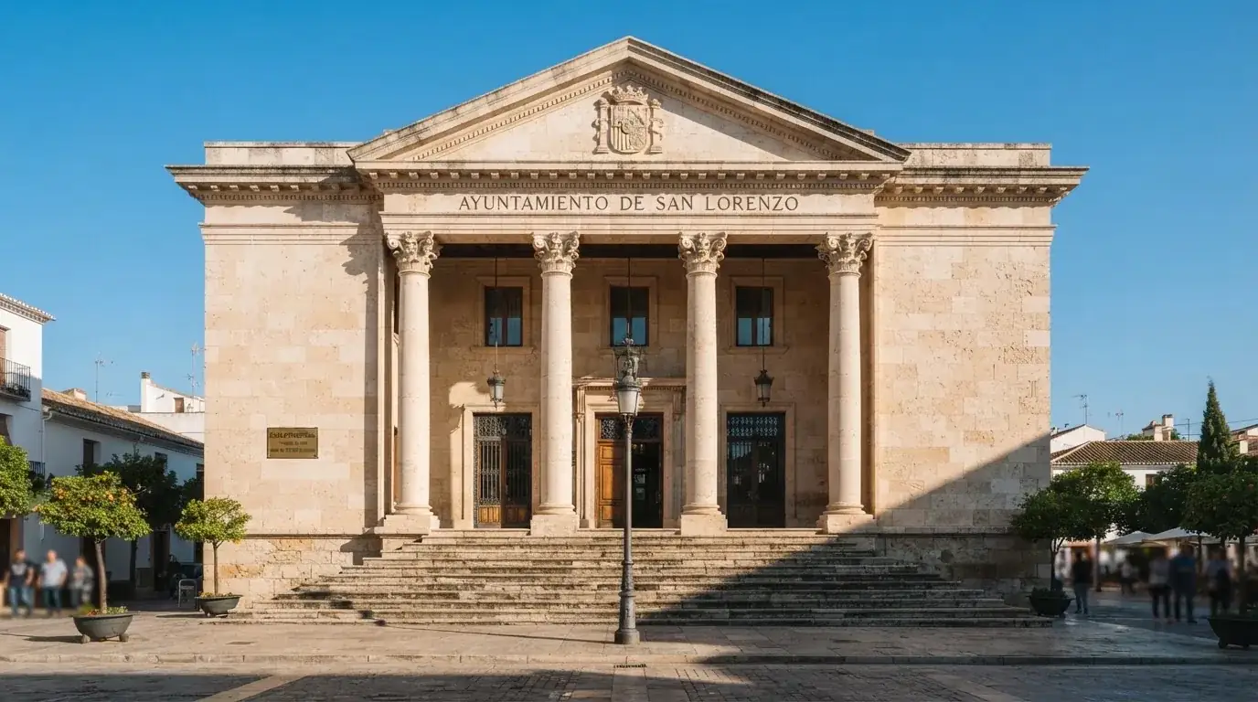Fotografía de la fachada de un edificio institucional español con columnas clásicas bajo un cielo despejado.