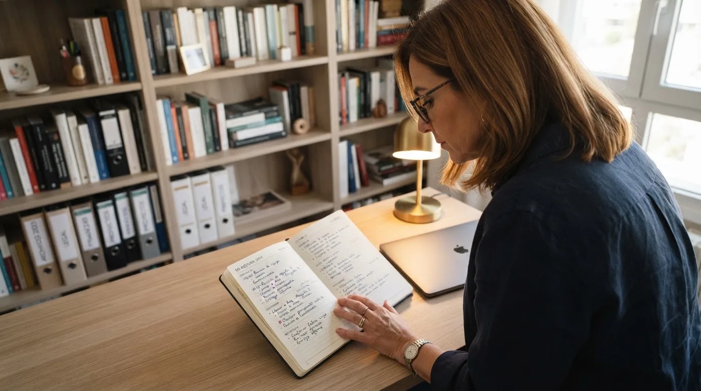 Una mujer con gafas revisa su agenda en un escritorio de oficina moderna con estanterías al fondo.