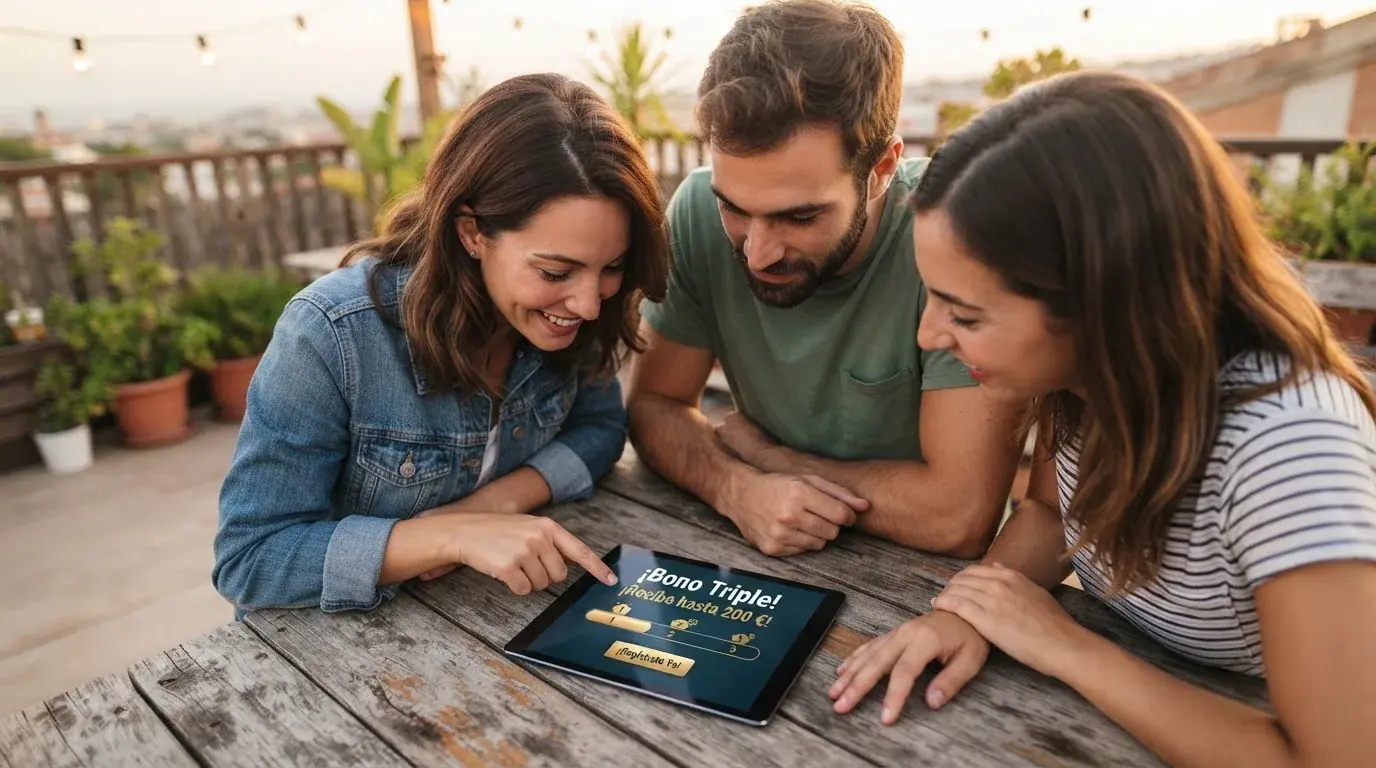 Un grupo de amigos revisa algo en una tableta sobre una mesa de madera en una terraza al aire libre.