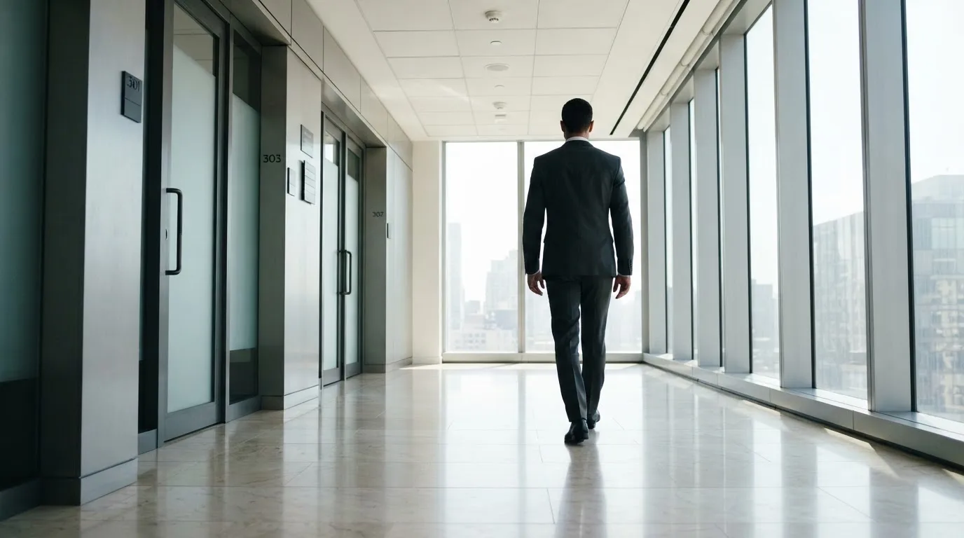 Un hombre con traje camina por el pasillo de un edificio de oficinas moderno con grandes ventanales.