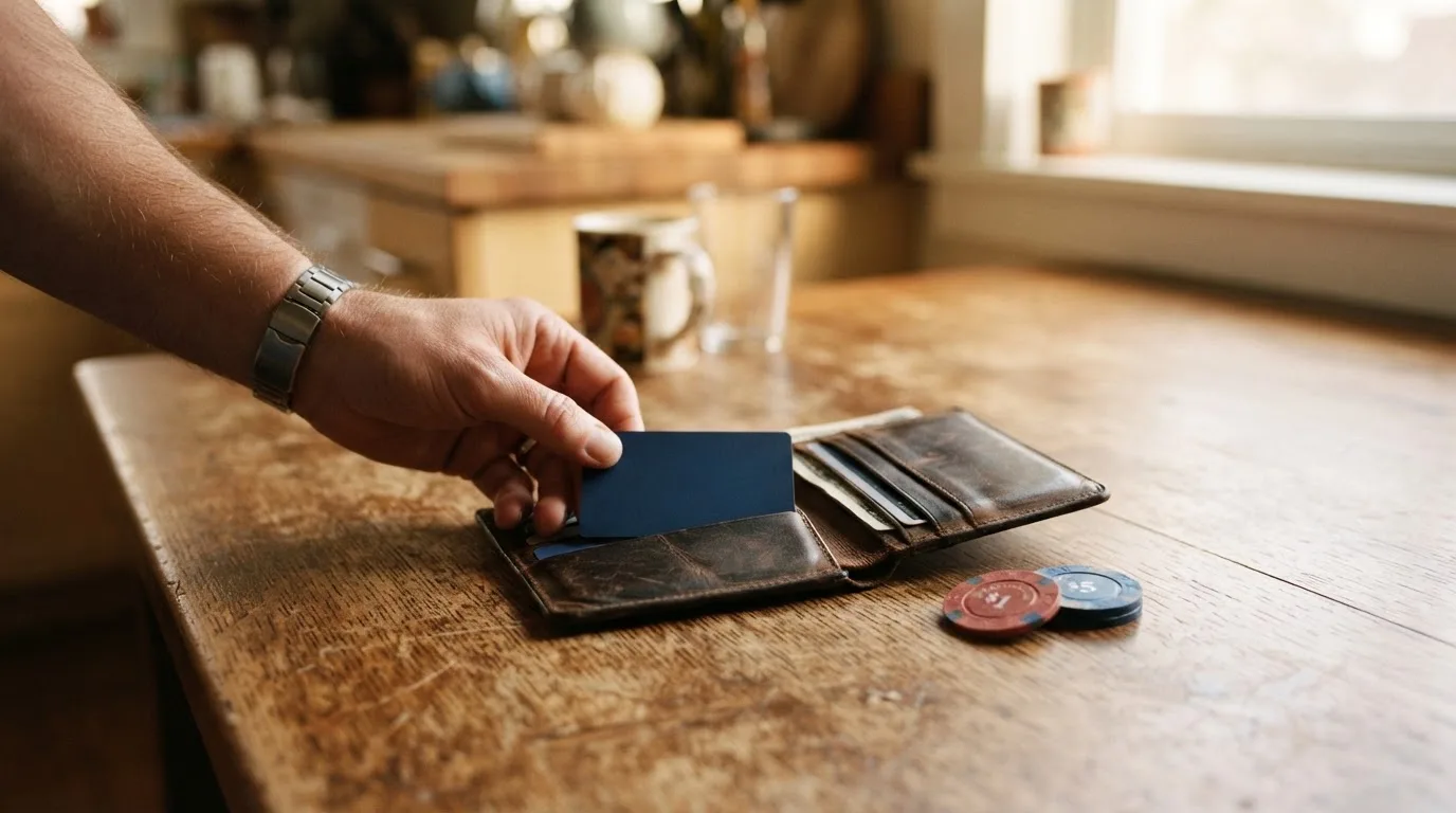 Un hombre revisa su cartera con tarjetas y monedas sobre una mesa de madera en casa.