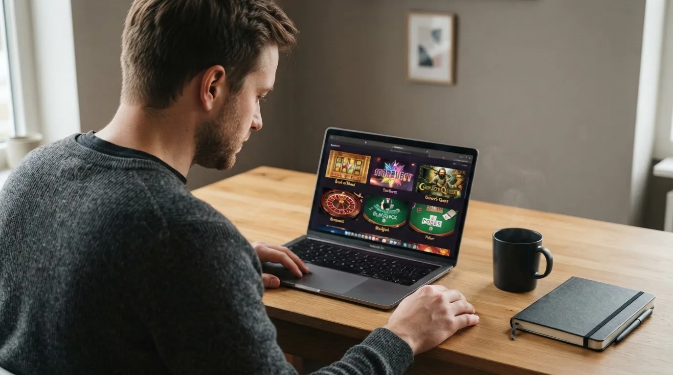 Un hombre explora distintos juegos gratuitos de casino en la pantalla de su ordenador portátil, sentado en su escritorio.