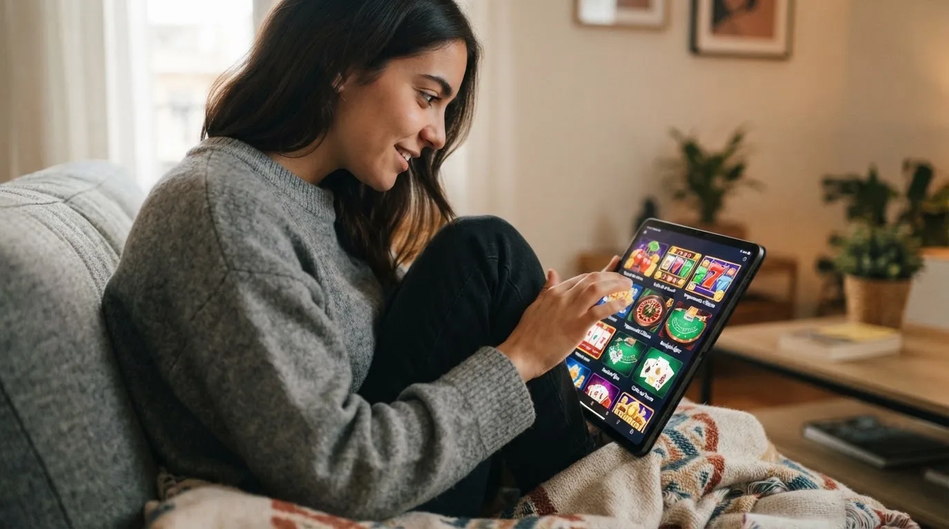 Una persona joven prueba distintos juegos en la pantalla de una tableta apoyada sobre sus piernas en un sofá.