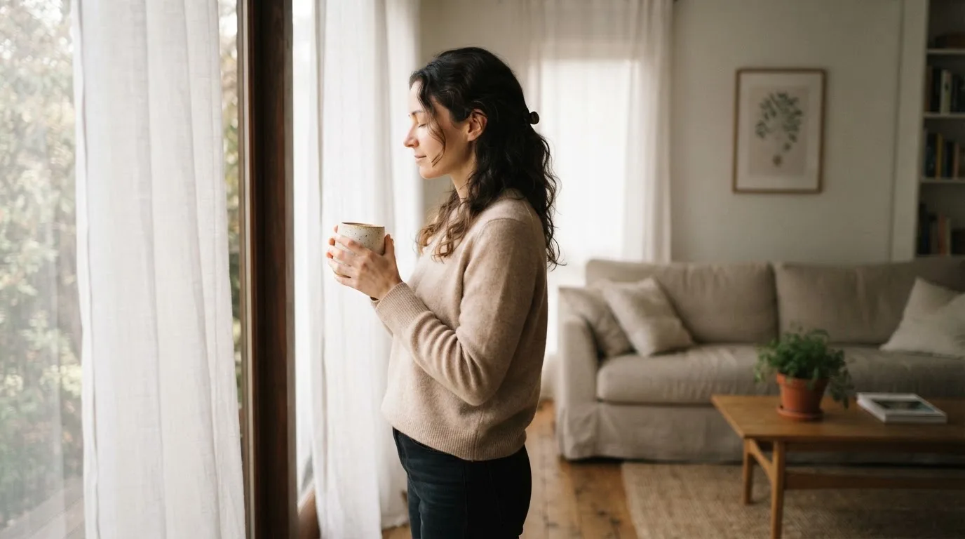 Una mujer respira profundamente frente a la ventana de su casa sosteniendo una taza de té por la mañana.