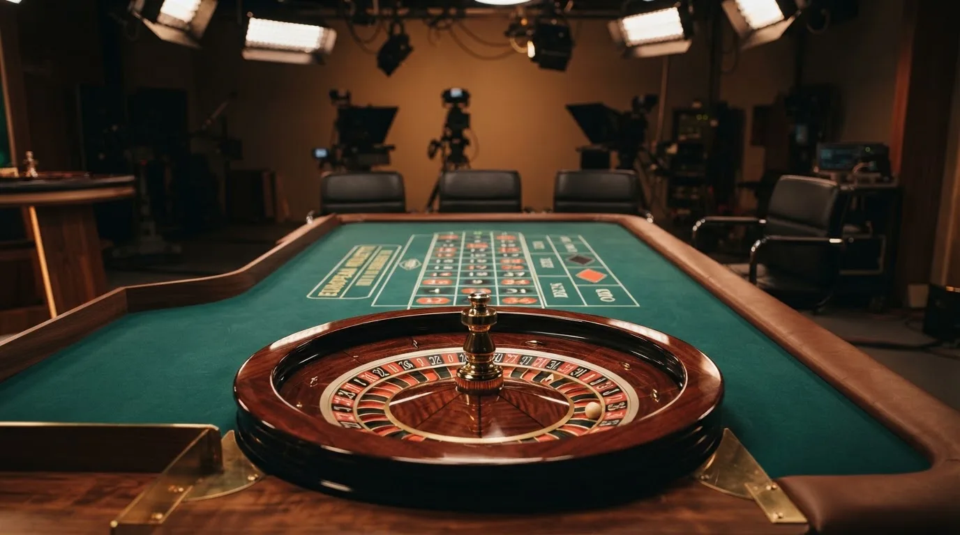 Una mesa de ruleta en vivo vacía momentos antes de empezar la retransmisión, con luces de estudio profesional encendidas.