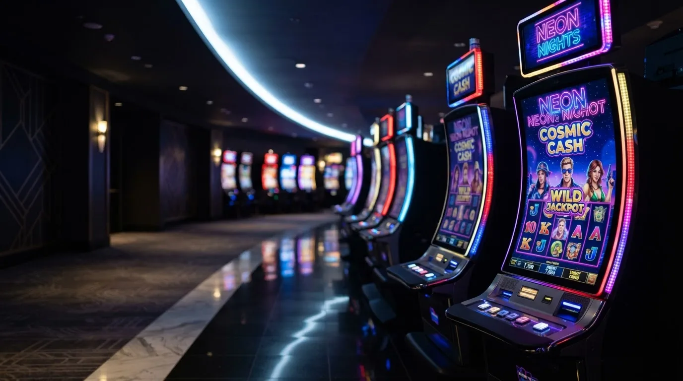 Una hilera de máquinas tragaperras modernas con luces de colores encendidas, fotografiada en un pasillo de casino vacío.