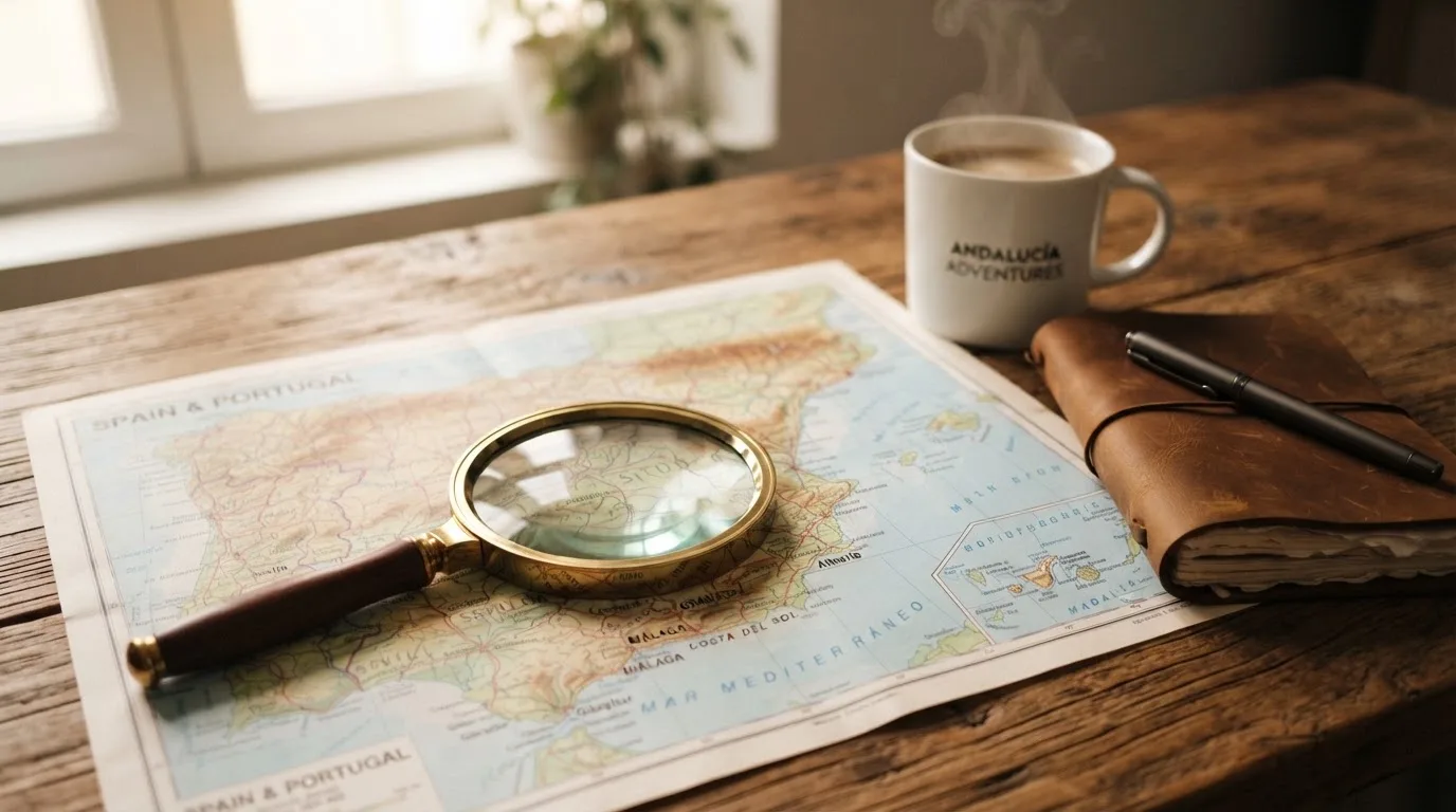 Una lupa sobre un mapa de España colocado en un escritorio de madera junto a una taza de café humeante.